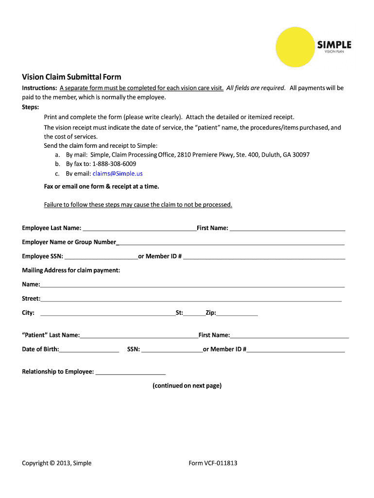 Simple Vision Claim Form Fill Online Printable Fillable Blank 