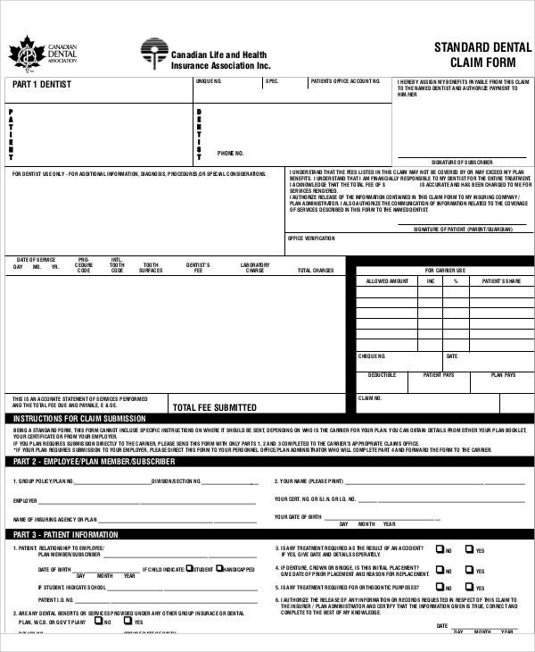 Standard Health Insurance Claim Form Free Download AD6