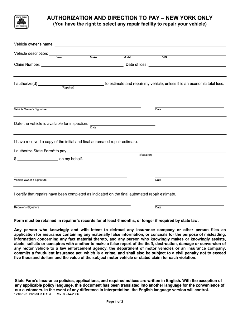 State Farm Authorization And Direction To Pay Form Fill Out Sign 