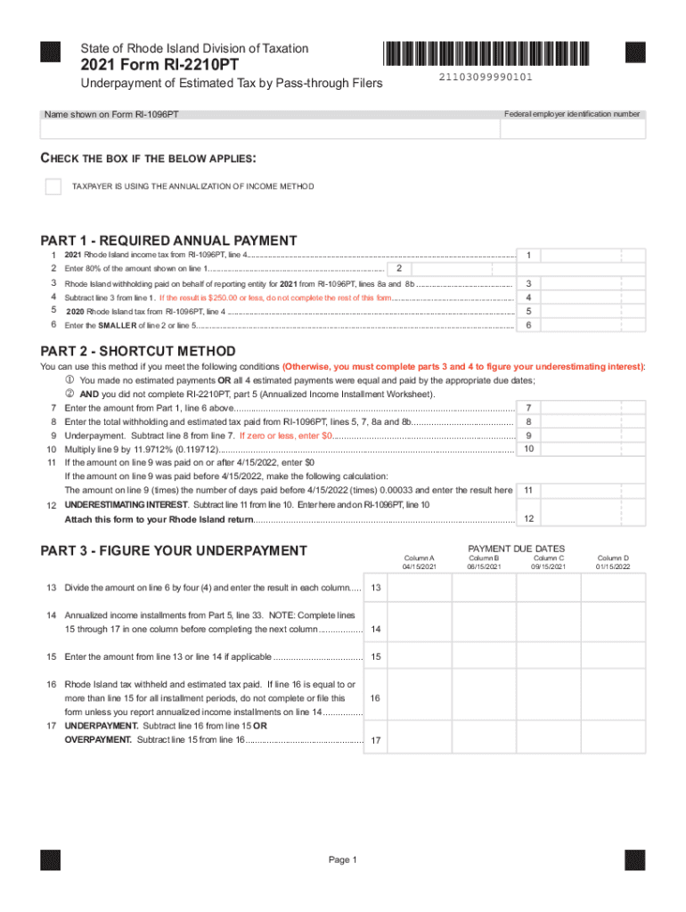 State Of Rhode Island Division Of Taxation Form RI 2210PT Fill Out