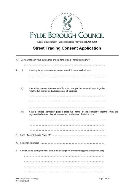 Street Traders Licence Application Form 84KB Fylde Borough 