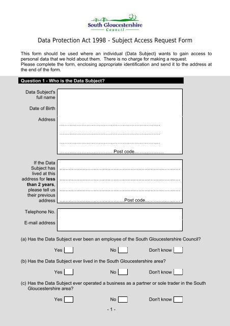 Subject Access Request Form South Gloucestershire Council