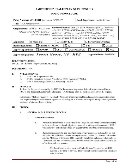 TAR RAF Review Process Partnership HealthPlan Of California