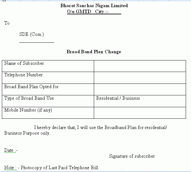 Tds Tax India BSNL Broad Band Plan Change Form