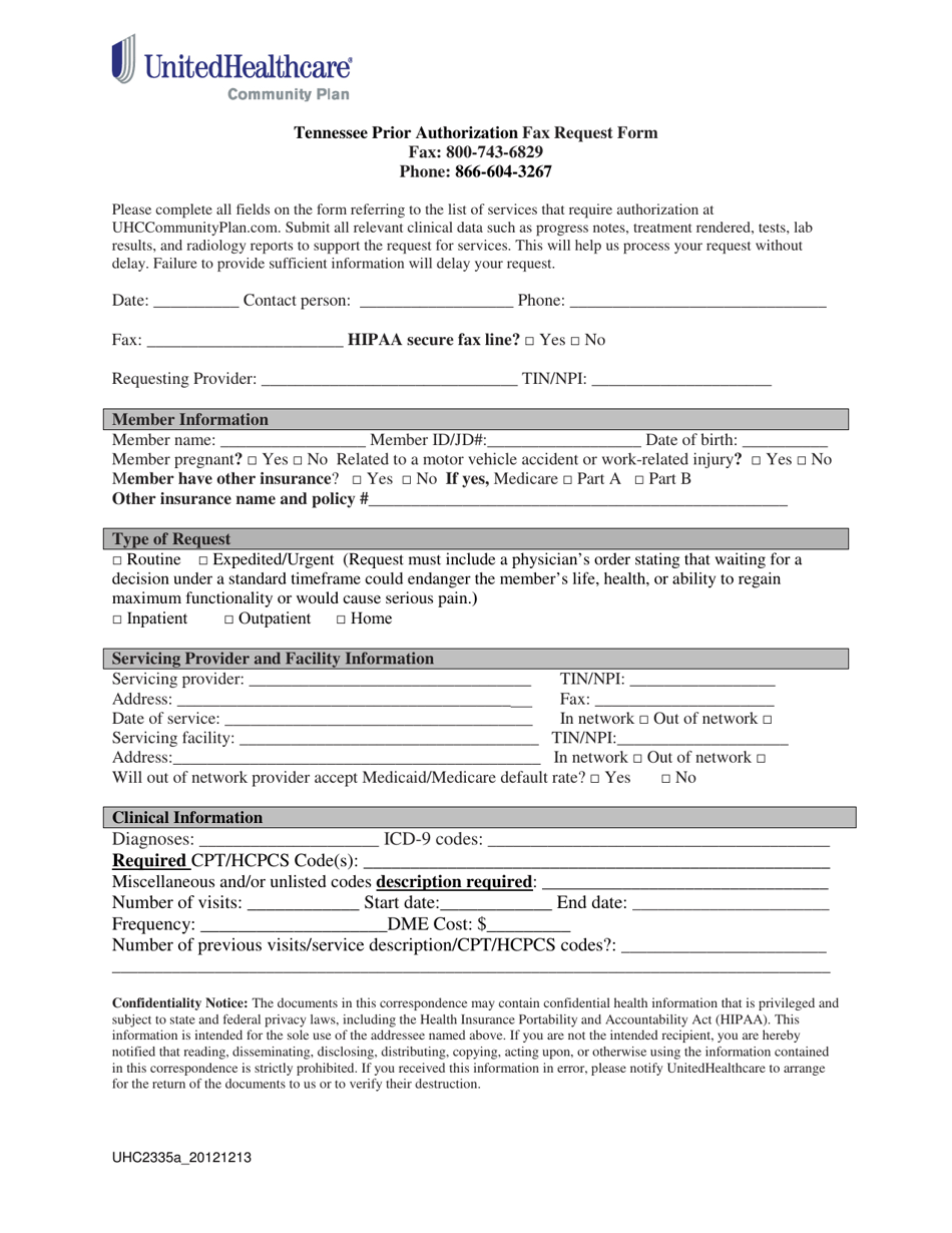 Tennessee Tennessee Prior Authorization Fax Request Form 