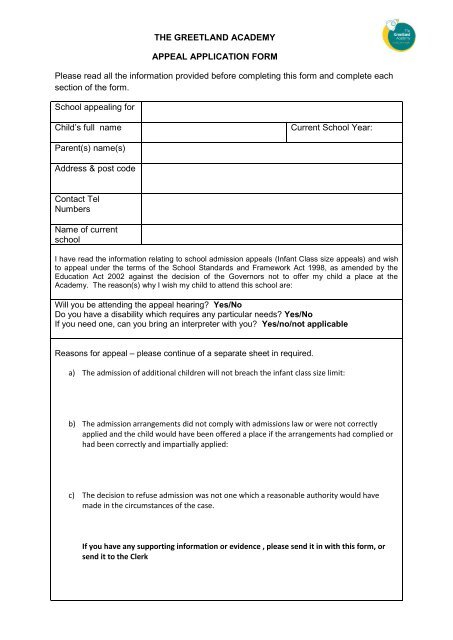 THE GREETLAND ACADEMY APPEAL APPLICATION FORM 