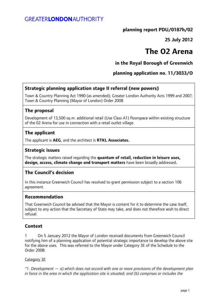 The O2 Arena In The Royal Borough Of Greenwich Planning Application No 