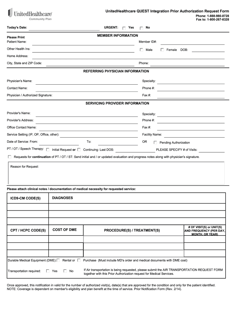 Uhc Quest Prior Auth Form Fill Online Printable Fillable Blank 