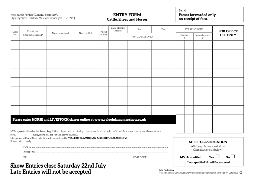 Vale Show Entry Form 2023 The Vale Of Glamorgan Show