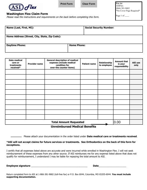 Washington Flex Claim Form Total Amount Requested Unreimbursed Medical 