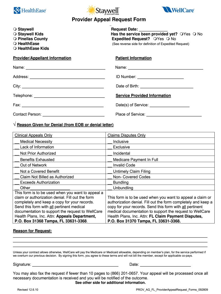 WellCare Provider Appeal Request Form 2010 2022 Fill And Sign 