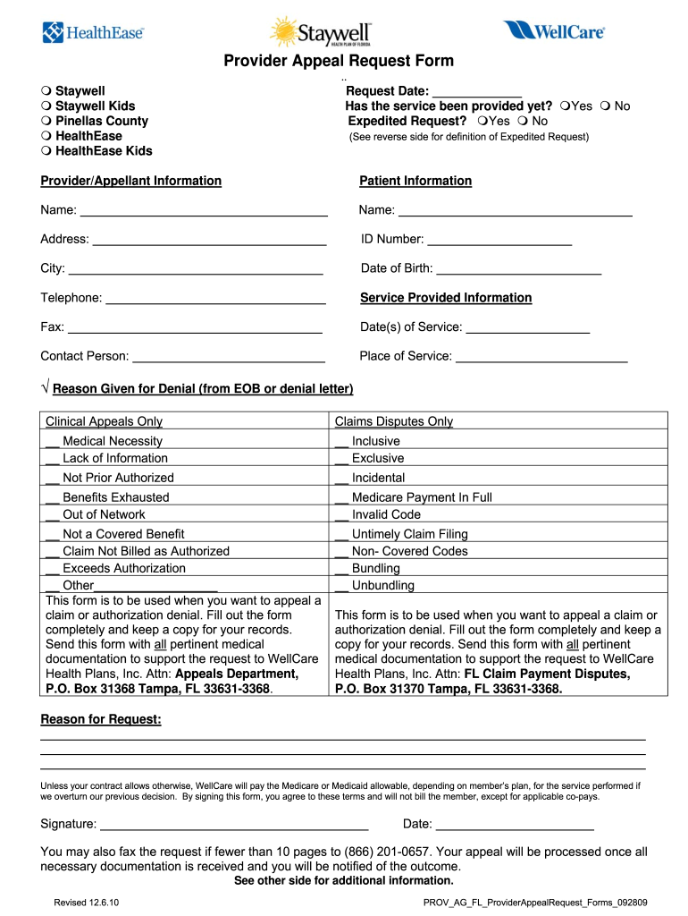 WellCare Provider Appeal Request Form 2010 2022 Fill And Sign