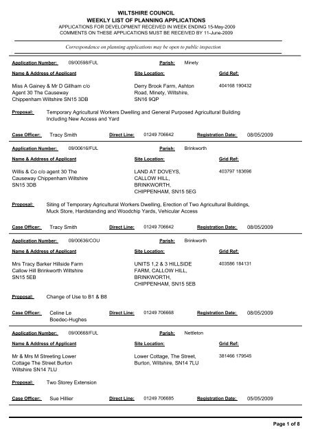 WILTSHIRE COUNCIL WEEKLY LIST OF PLANNING APPLICATIONS