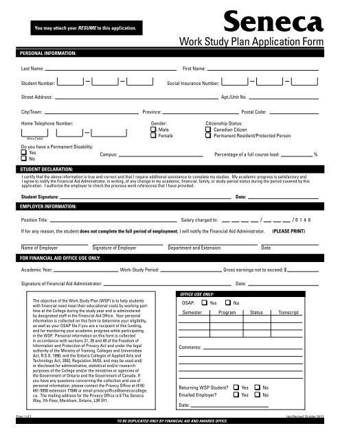 Work Study Plan Application Form Seneca College