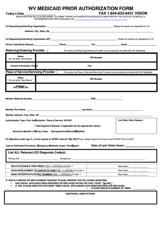 Wv Medicaid Prior Authorization Form Vision Printable Pdf Download